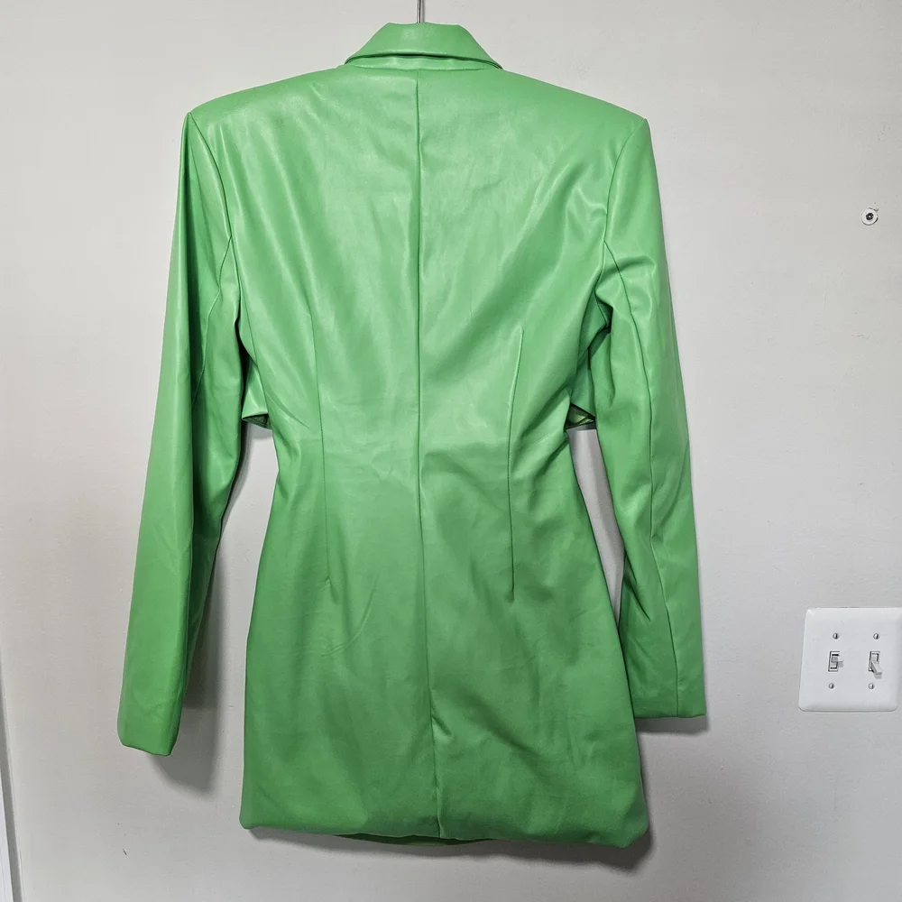 AKIRA M Green Faux Leather Mini Dress Trench Coat Size Going Out Party Miami ~ - Picture 2 of 9